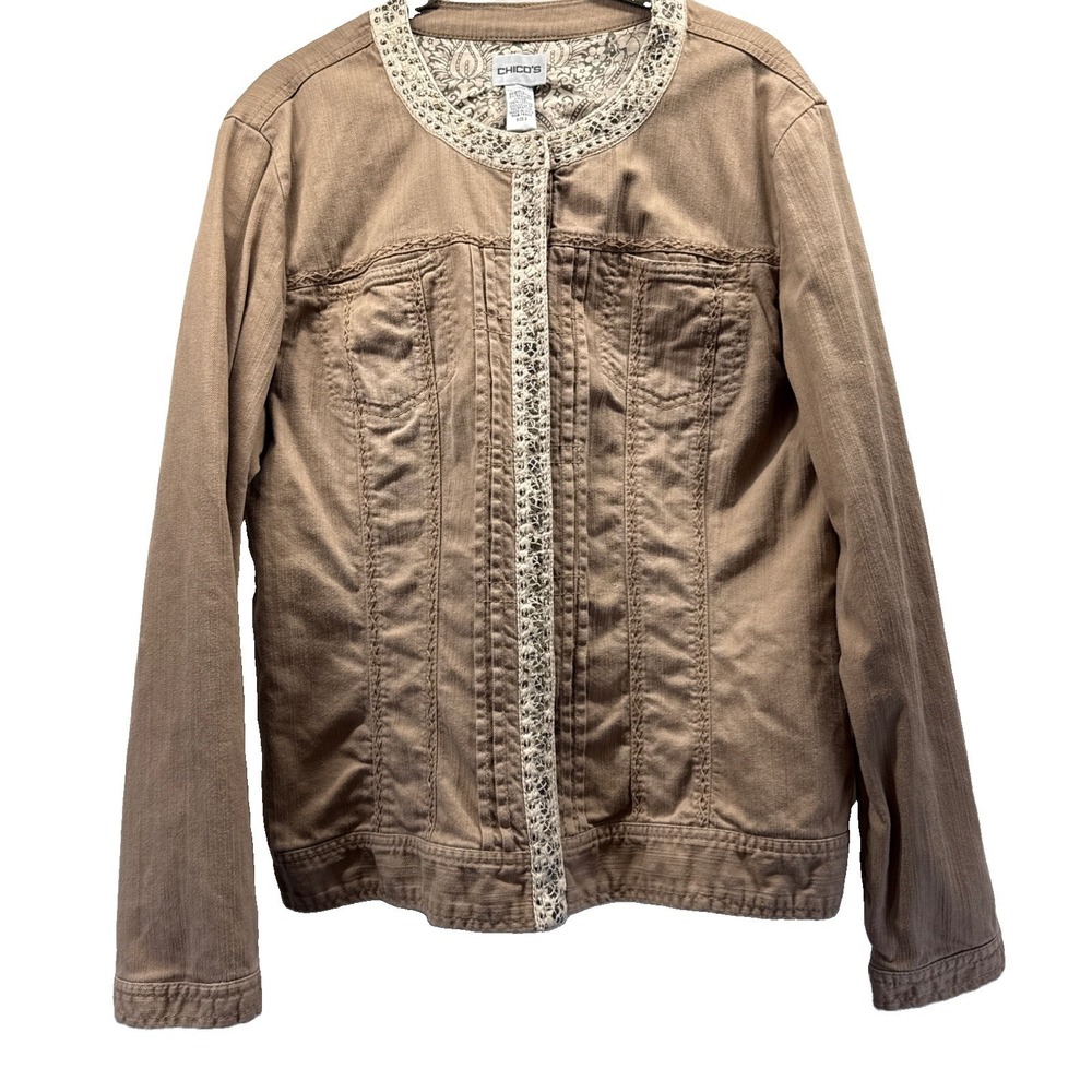 Chicos Women's Jacket Size Large Brown Snap Closure Paisley Lined Lightweight